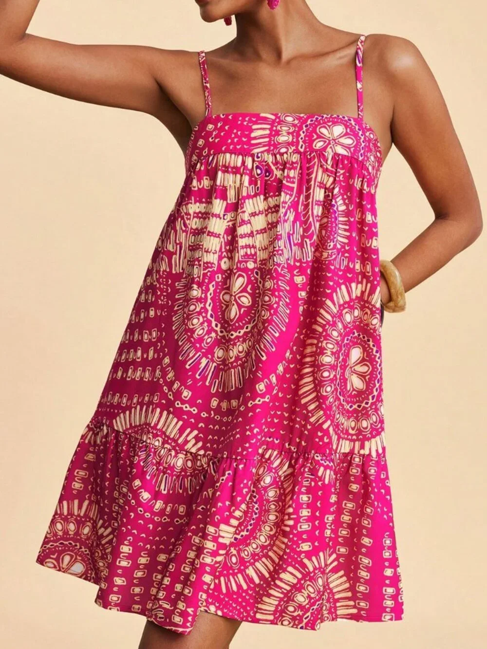 Multicolor Boho Women's Mini Dress Allover Print, Casual Vacation Beach Outfit - Picture 6 of 7